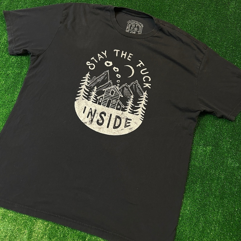 Graphic T-Shirt Mens 2XL Black Stay The F**k Inside Cabin Mountain Tee‎